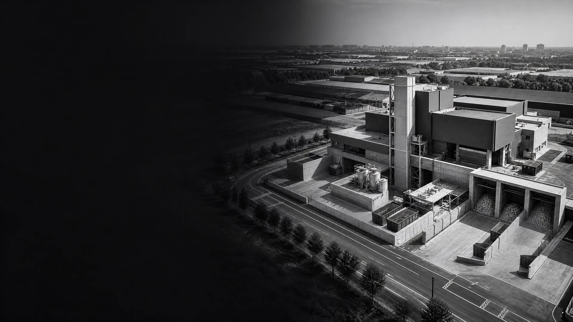 Monochrome aerial view of compact circular municipal infrastructure